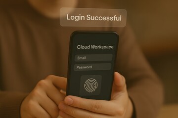 User logging into cloud workspace with successful fingerprint authentication on secure mobile interface
