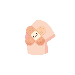 Cartoon illustration of a knee with a smiling bandage applied for healing.