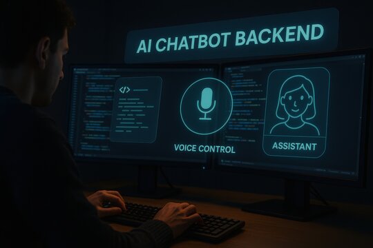 Developer working on AI chatbot backend with voice control integration and assistant programming on dual monitors
