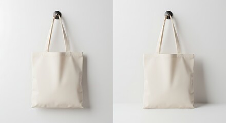 Two identical cream-colored canvas tote bags hanging and standing on a white background.