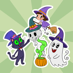 Happy Halloween characters big one scene sticker with funny and cute elements. Trick or treat sticker cartoon 