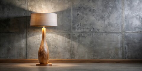 Illuminated wooden floor lamp casts warm light against a textured gray wall