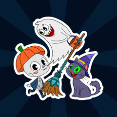 Happy Halloween characters big one scene sticker with funny and cute elements. Trick or treat sticker cartoon 