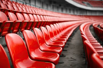 Fototapeta premium Empty stadium seats, red plastic, curved rows