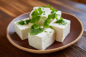 A plate of fresh tofu cubes garnished with parsley, presented on a wooden table, creating a healthy food scene.
