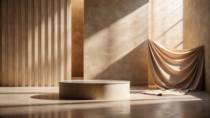 Sunlit Minimalist Studio Product Display with Neutral Tones and Draped Fabric