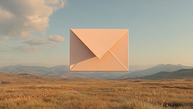 A pastel peach envelope floats above a golden-toned landscape
