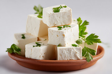 A stack of fresh feta cheese cubes garnished with parsley on a brown plate.
