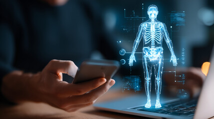 Exploring the Human Body: A person uses a smartphone and laptop computer, with an advanced, illuminated 3D model of the human skeletal system appearing beside the device.