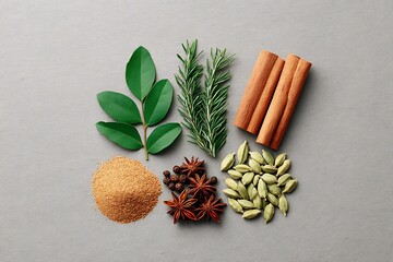 Assortment of aromatic spices and herbs arranged on neutral surface, sensory feast for culinary and herbal enthusiasts