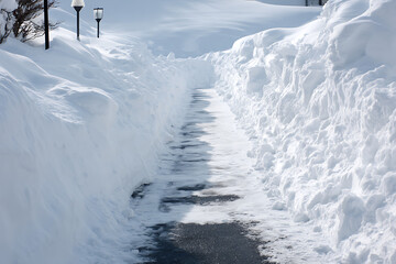 A snow-covered path is cleared through deep snowdrifts, creating a winter scene with a sense of isolation.