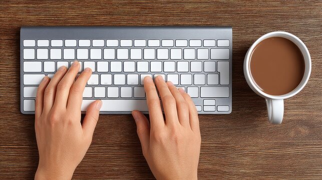 Typing on a wireless keyboard with a cup of coffee on a wooden desk