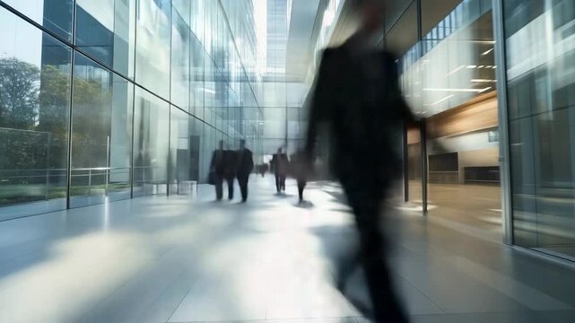 Fast blurred timelapse of business people walking in a modern glass office building, symbolizing speed, motion, and urban lifestyle.