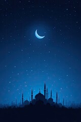 Naklejka premium A crescent moon glows above a city of mosques at night. Silhouettes of structures against a deep blue night sky speckled with stars