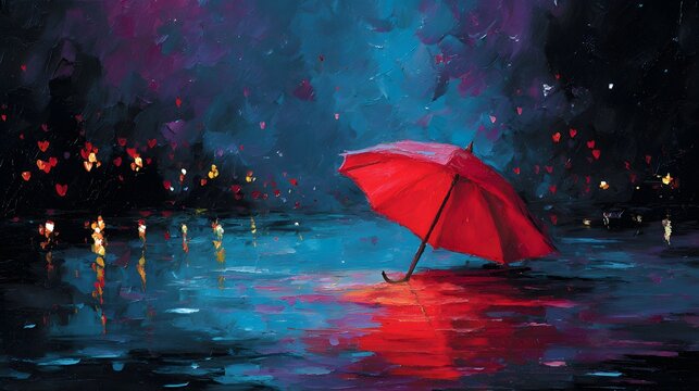 Impressionistic Painting of a Red Umbrella in a Rainy City at Night with Heart- Shaped Lights Reflected on Wet Pavement - Powered by Adobe