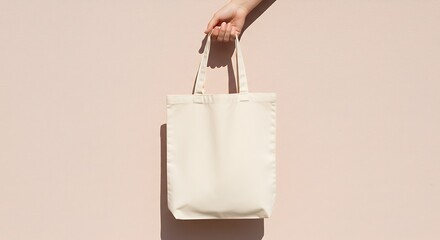 Hand holding a blank white tote bag against a pale pink background, casting a shadow.