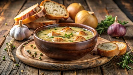 Creamy Soup with Toasted Bread Croutons and Aromatic Herbs Served in Rustic Bowl