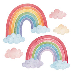 Hand drawn watercolor pastel rainbows clipart collection perfect for soft whimsical designs
