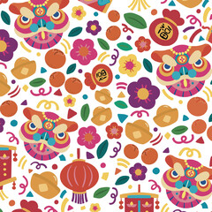 Cute Chinese New Year Pattern and Background – Lion Dance, Lanterns, and Gold Coins