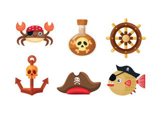 Pirates set. Flat vector clipart, illustration with isolated background.