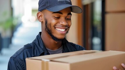 Smiling courier holding a package, showcasing urban delivery service in a vibrant city setting.