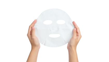 A pair of hands holds a facial mask designed for skincare, featuring eye cutouts and a mouth opening.