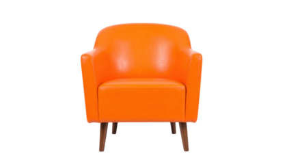 A vibrant orange armchair with rounded arms and wooden legs, designed for comfort and style in modern interiors.