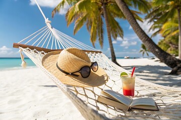 Relaxing beach vacation with cocktail and book in hammock under palm trees on sunny day