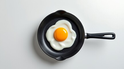 Overhead view of a single fried egg in a black frying pan breakfast food
