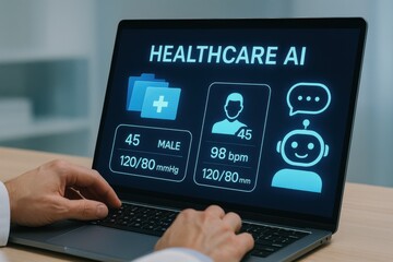 Doctor using AI-powered healthcare dashboard showing patient vitals, records, and digital assistant bot
