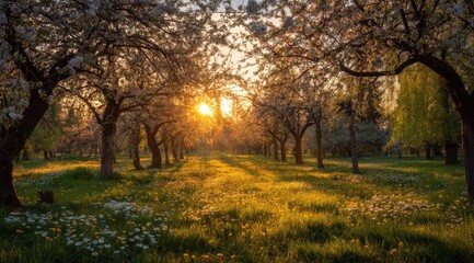 Fototapeta premium Sunlit orchard path in springtime