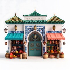 3d cartoon moroccan market building with arched entrances, patterned tiles, lanterns, and colorful fabric canopies.