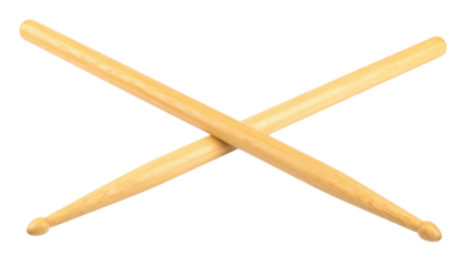 Two wooden drumsticks crossed in an X formation, showcasing their smooth texture and rounded tips.
