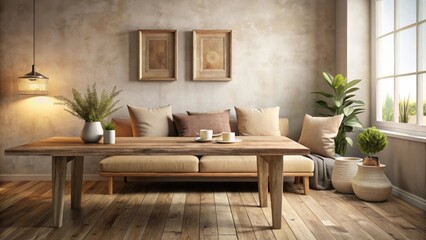 Serene living room interior design featuring a minimalist beige sofa, a rustic wooden coffee table, potted plants, and warm lighting creating a peaceful ambiance.