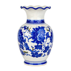 A beautifully designed blue and white vase featuring floral patterns and a scalloped rim, showcasing intricate craftsmanship.