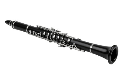 Naklejka premium A sleek black oboe with silver keys, showcasing intricate detailing and elegant craftsmanship.