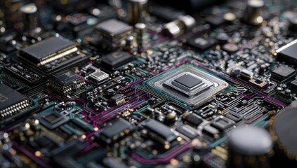 Close-up of intricate circuit board, showcasing complex circuitry and components.  Detailed view of microchip and traces