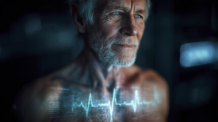 Close up of senior man chest with digital heart monitor displaying heartbeat. image conveys sense of health awareness and technology integration in medical care