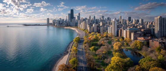 Naklejka premium Chicago Skyline Aerial View: Lake Michigan's Autumn Embrace