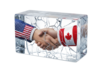 Conceptual handshake with US and Canadian flags frozen in a fractured ice block. PNG Transparent Background