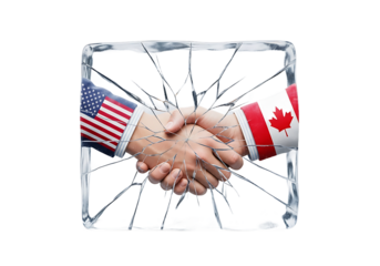 USA and Canada flag handshake frozen inside a cracked and shattering block of ice. PNG Transparent Background