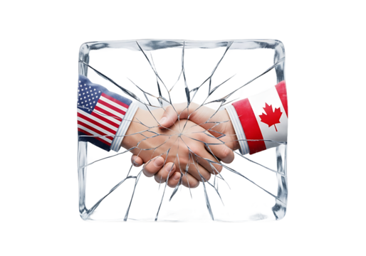 USA and Canada flag handshake frozen inside a cracked and shattering block of ice. PNG Transparent Background - Powered by Adobe