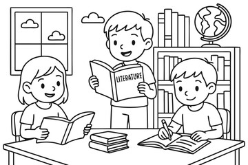 Literature class coloring page. Line art of children reading and writing in school library