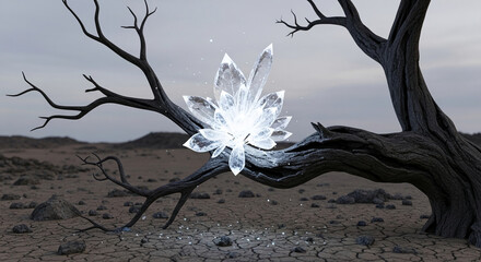 Glowing crystal flower on a barren tree branch, in a desolate landscape, symbolizing hope, resilience, or unexpected beauty in harsh environments