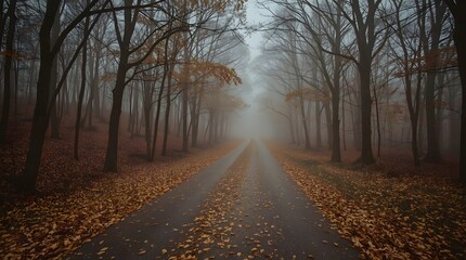 Obraz premium Forested Road Through Foggy Field on Overcast Day