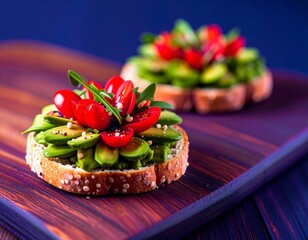 Open sandwich with avocado, tomato and arugula on whole grain bread