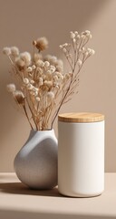 Beige-toned still life with dried flowers and ceramic containers