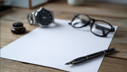 An elegant fountain pen rests on a blank sheet of paper, accompanied by a watch, glasses, and inkwell, suggesting a moment for thoughtful writing.