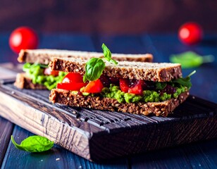 Open sandwich with avocado, tomato and arugula on whole grain bread