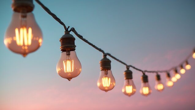 Warm glowing edison bulbs strung on a wire against a soft pastel twilight sky